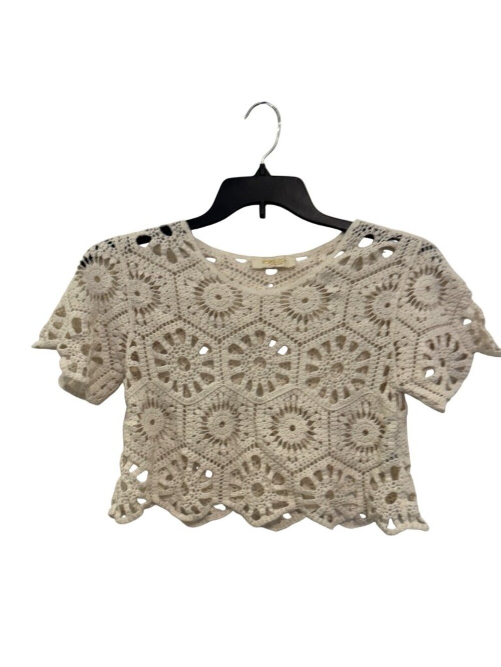 Rebellion Crochet Crop Top 100% Cotton Womens Short-Sleeve Beige S